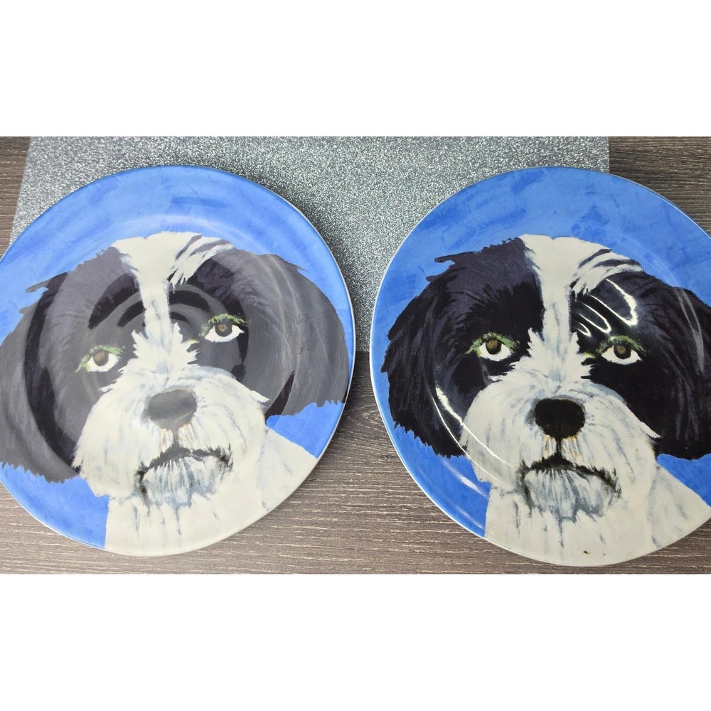 Anthropologie Carole Akins Sadie Dog Salad Plates Set of 2 Blue White 8.25"